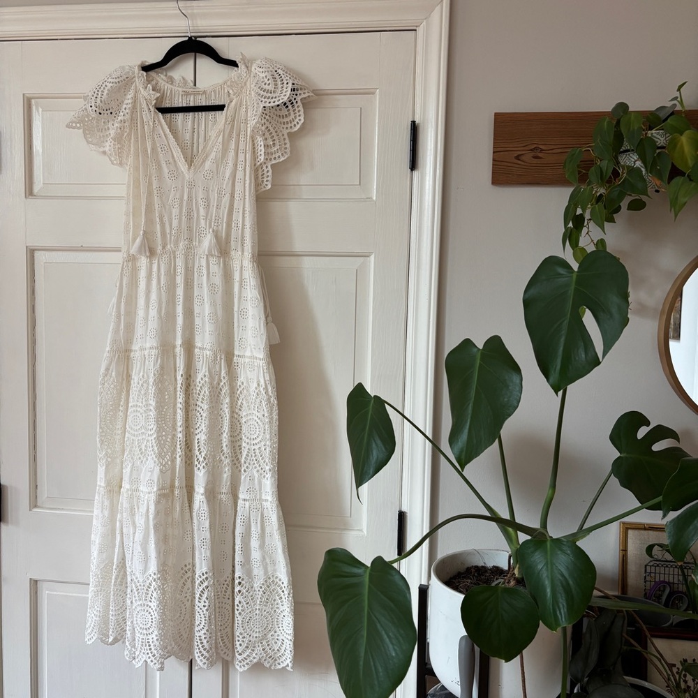 Ulla Johnson Gianna White Eyelet Midi Dress Size 0 XS Tiered Tasseled Boho Bride - Picture 5 of 16